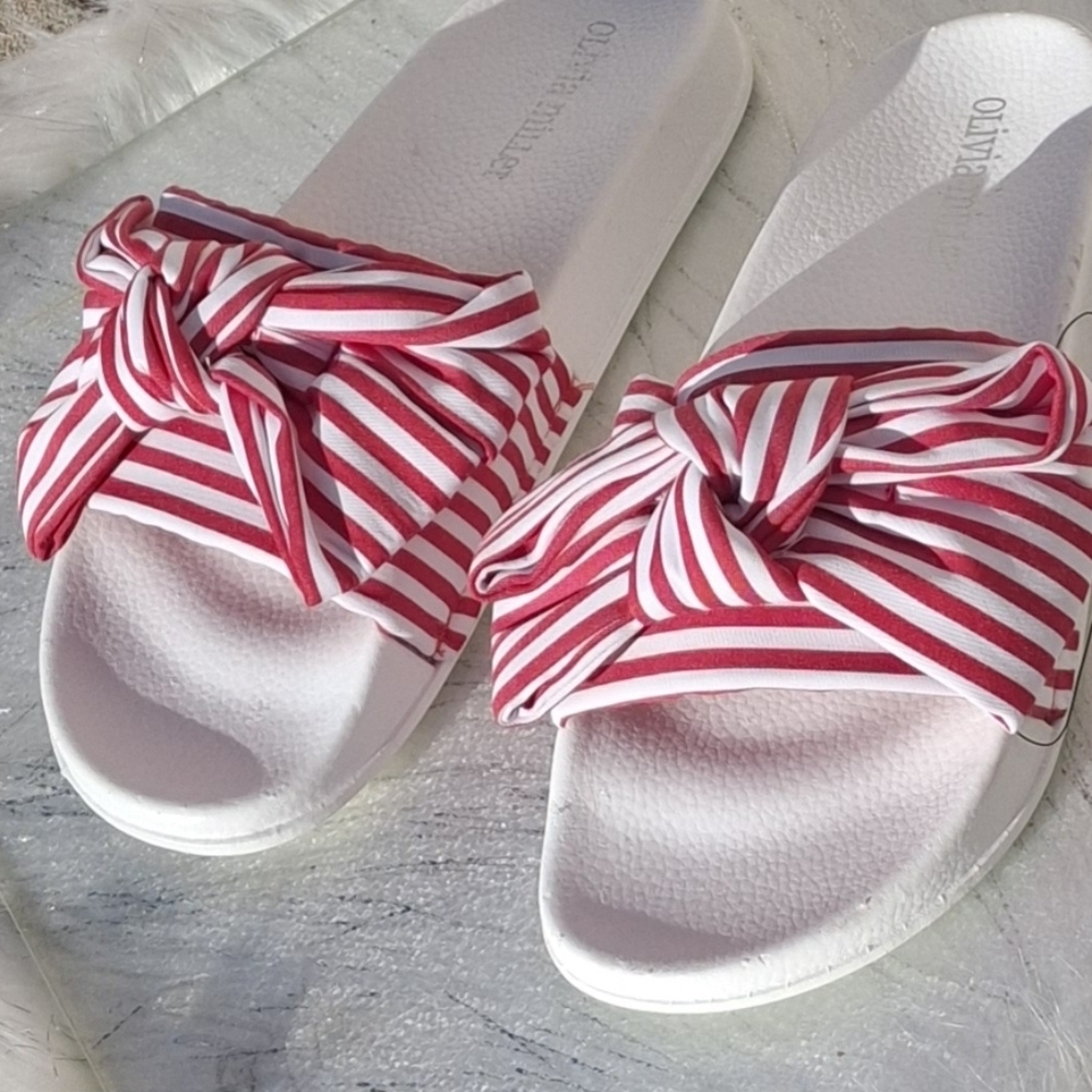 Olivia Miller Red and White Stripes Slip-On Low Wedge Sandals Women Size 6 - Picture 7 of 16